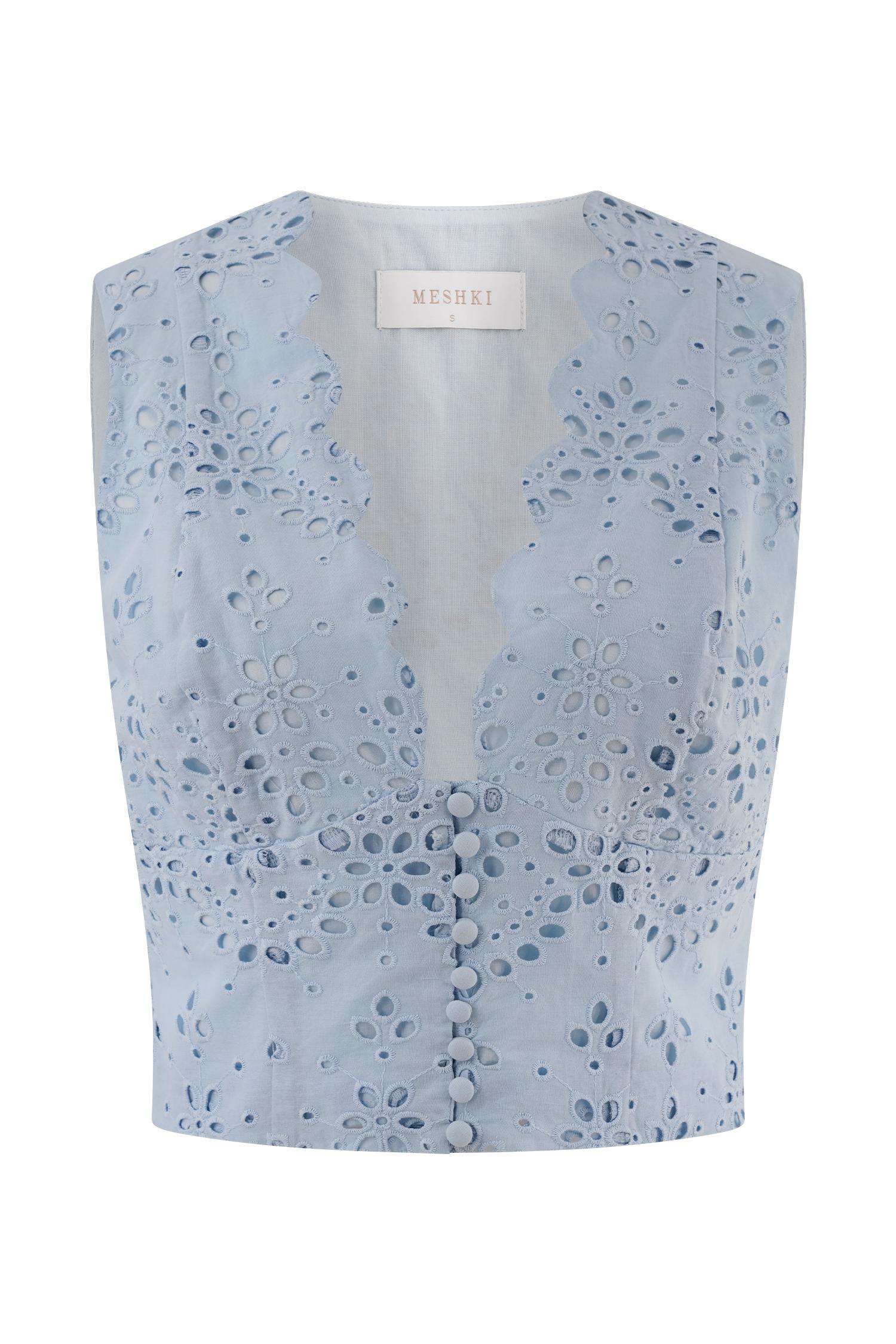 Arla Sleeveless Broderie Top - Pale Cornflower Blue Product Image