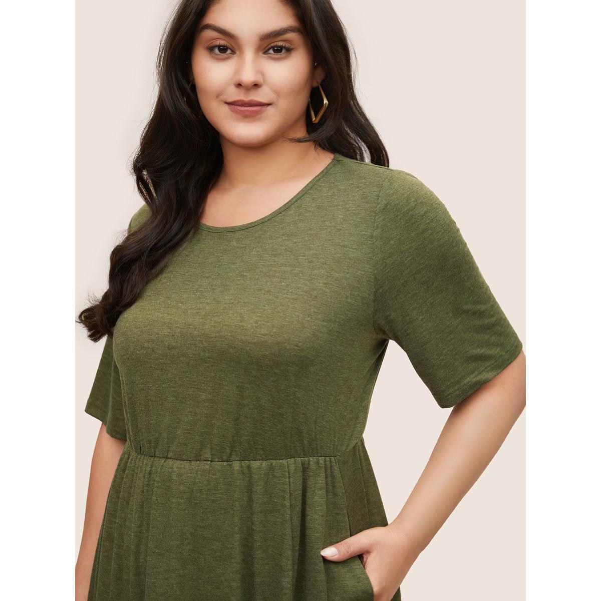 Plus Size Supersoft Essentials Solid Hanky Hem Dress Sage Women Casual Non Round Neck Short sleeve Curvy Midi Dress BloomChic 18-20/2X Product Image