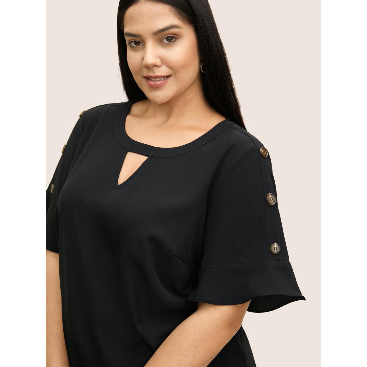 Plus Size Black Solid Cut Out Ruffles Button Detail Blouse Women Work From Home Short sleeve Round Neck Work Blouses BloomChic 22-24/3X Product Image