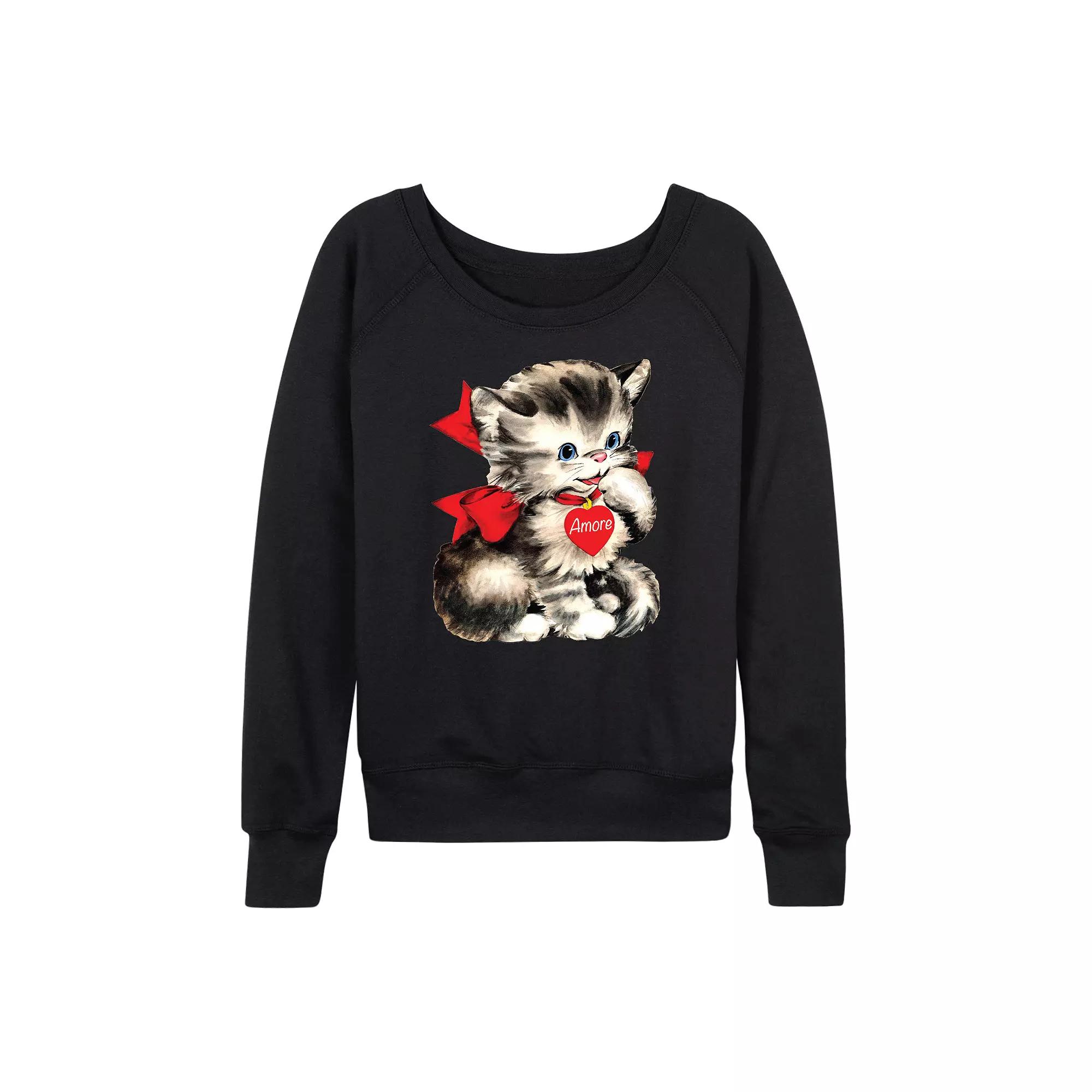 Women's Amore Vintage Valentine's Kitten French Terry Long Sleeve Tee,  Product Image