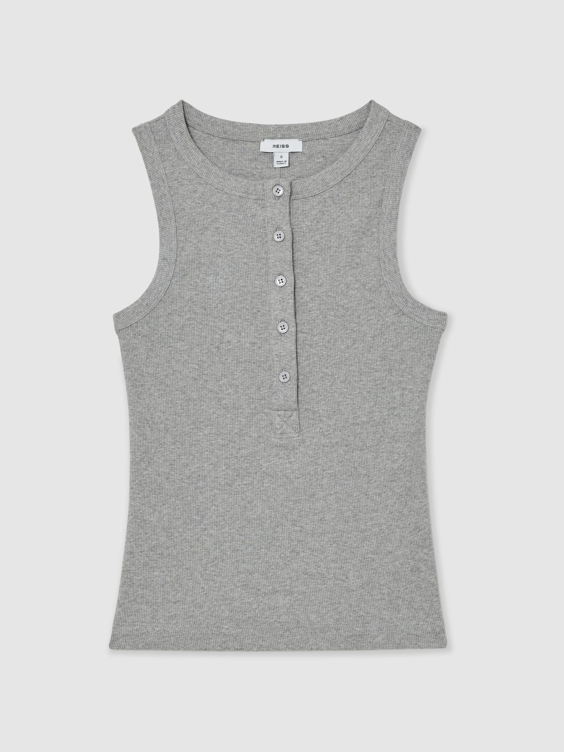 Stretch-Cotton Ribbed Henley Vest in Grey Marl Product Image