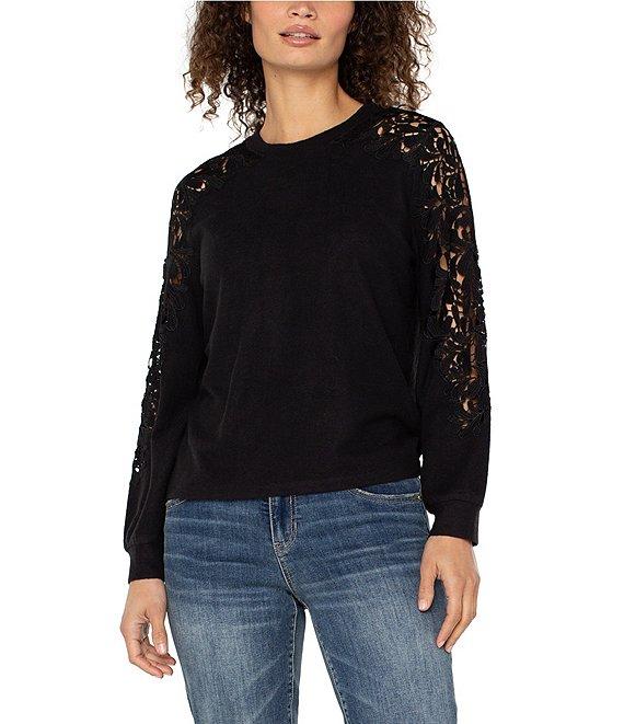 Liverpool Los Angeles Petite Size Crew Neck Long Soft Lace Inset Sleeve Top Product Image