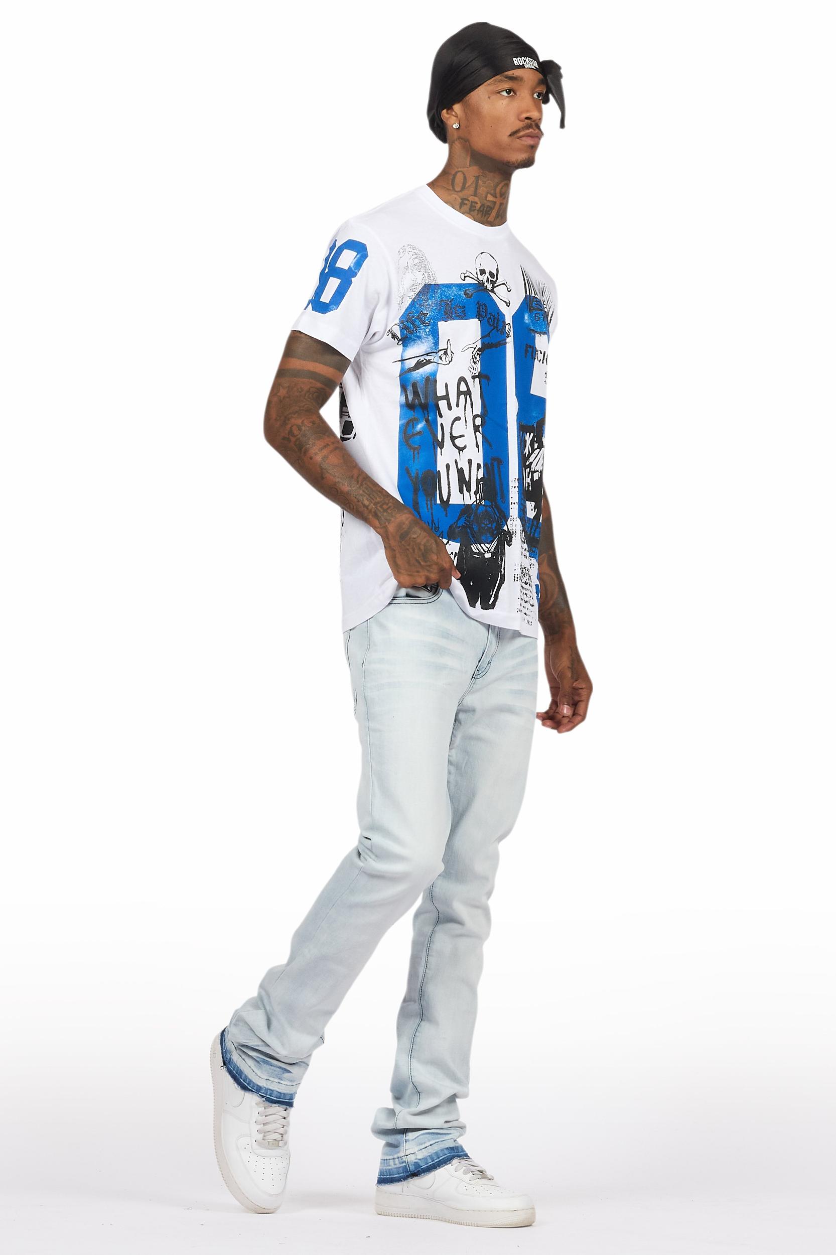 Grill White/Blue Oversized Graphic T-Shirt/Dag Stacked Flare Jean Set Male Product Image