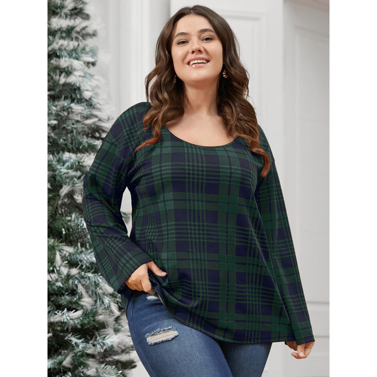 Plus Size Plaid Round Neck Bell Sleeve Sweatshirt Women DarkBlue Elegant Round Neck Dailywear Sweatshirts BloomChic 22-24/3X Product Image