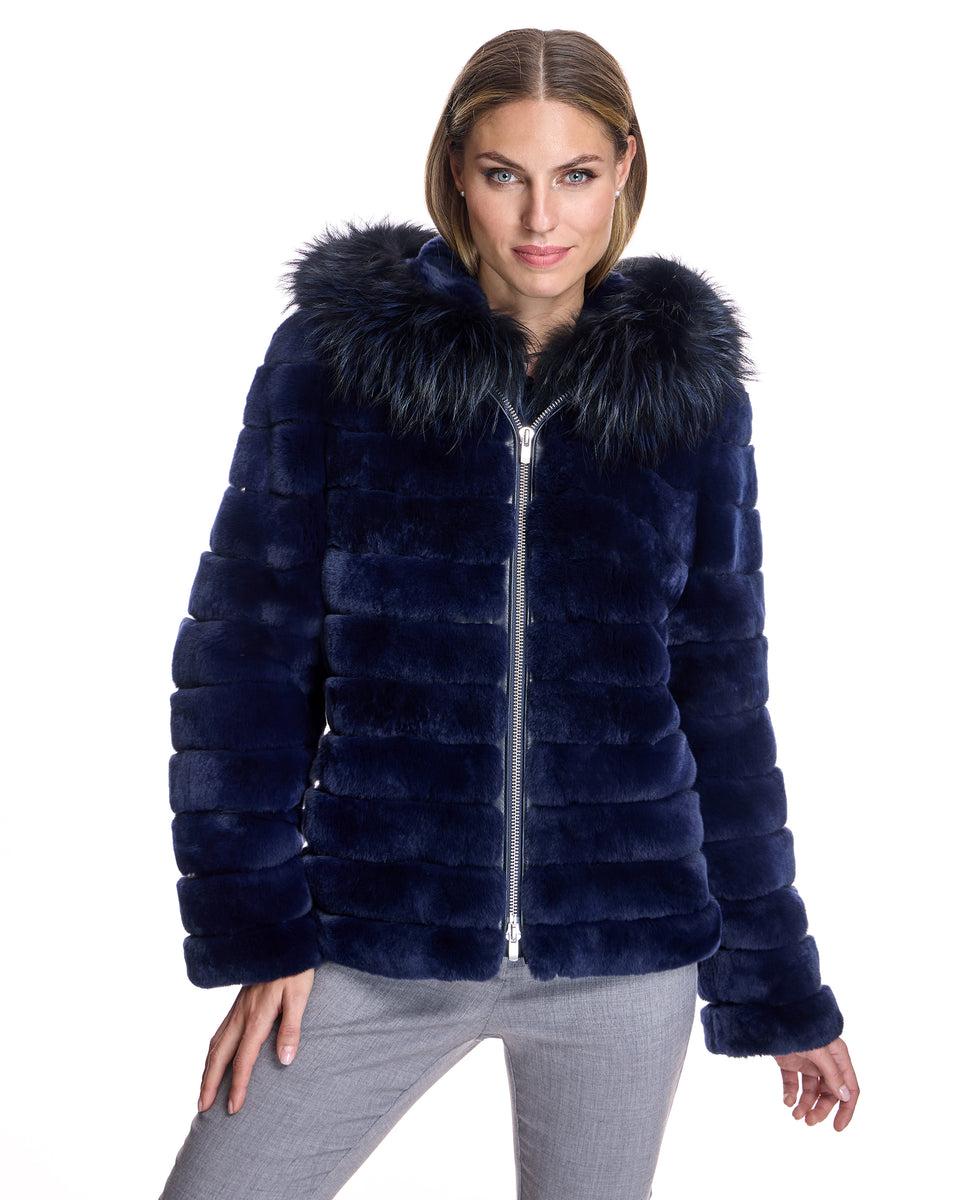 Horizontal Rabbit Jacket with Fox Trimmed Hood Product Image
