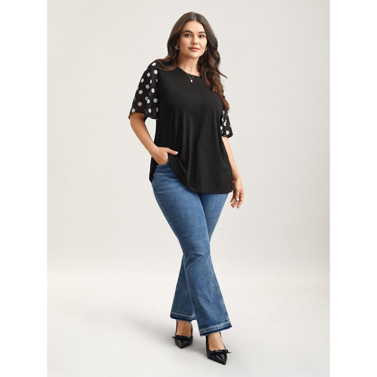 Plus Size Stretchy Sheer Dot Sleeve Textured T-Shirt Black Women Timeless See through Round Neck Elegant T-shirts BloomChic 12/L Product Image
