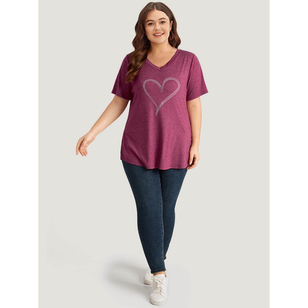 Plus Size Solid Heart Rhinestone V Neck T-shirt RedViolet Women Casual Plain Heart Print Dailywear T-shirts BloomChic 10/M Product Image