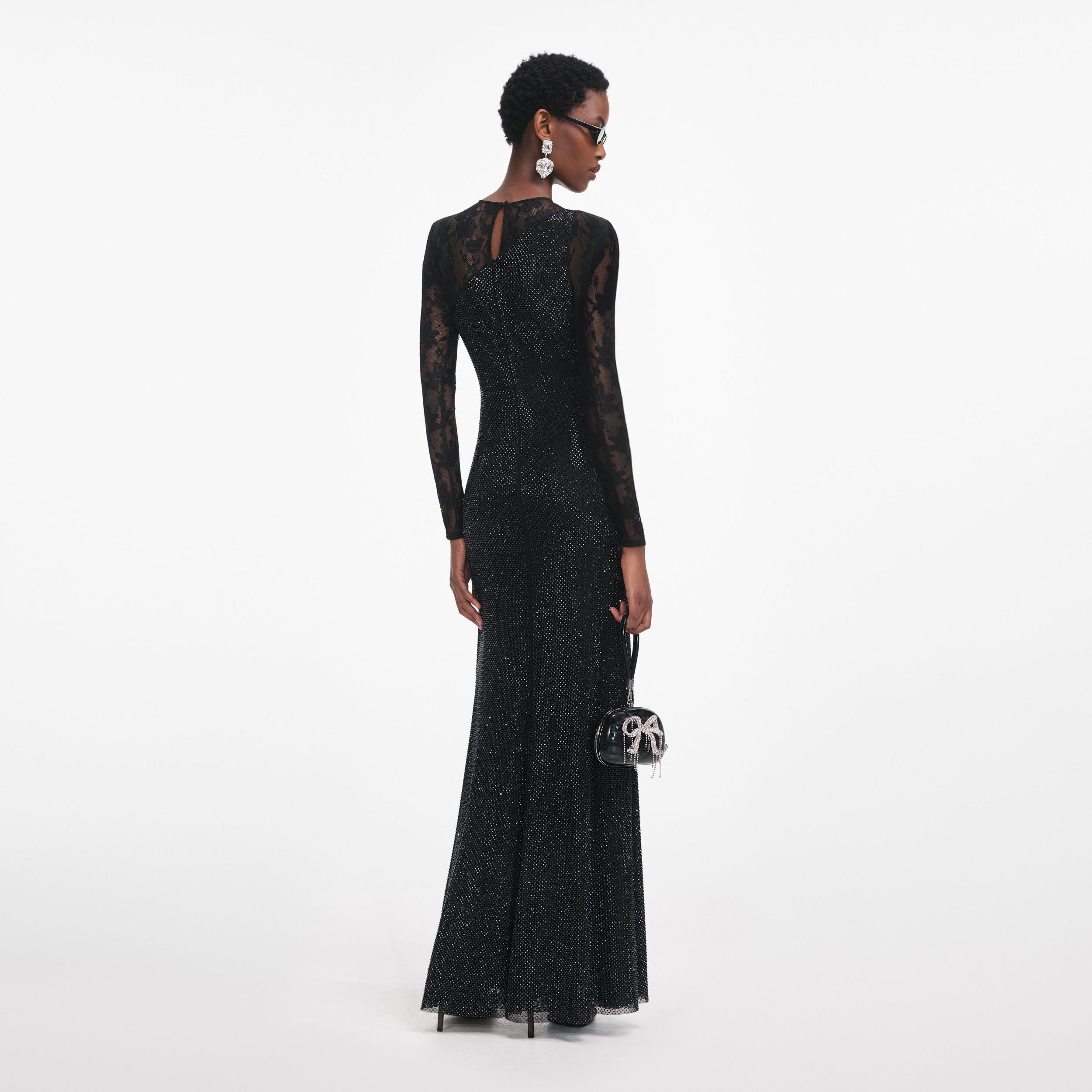 Black Rhinestone Lace Sleeves Maxi Dress Product Image