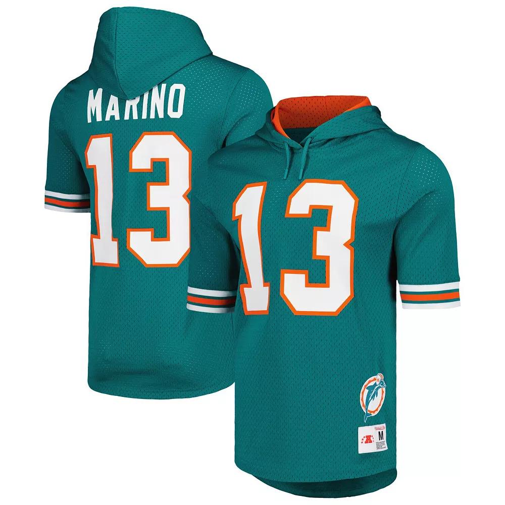 Men's Mitchell & Ness Dan Marino Aqua Miami Dolphins Retired Player Name & Number Mesh Hoodie T-Shirt, Size: Large, Turquoise A Product Image