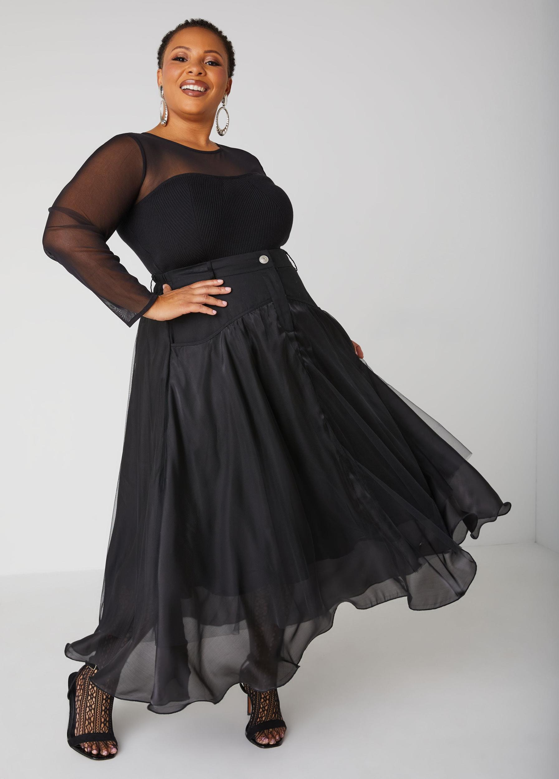 Twill Paneled Mesh Maxi Skirt Product Image