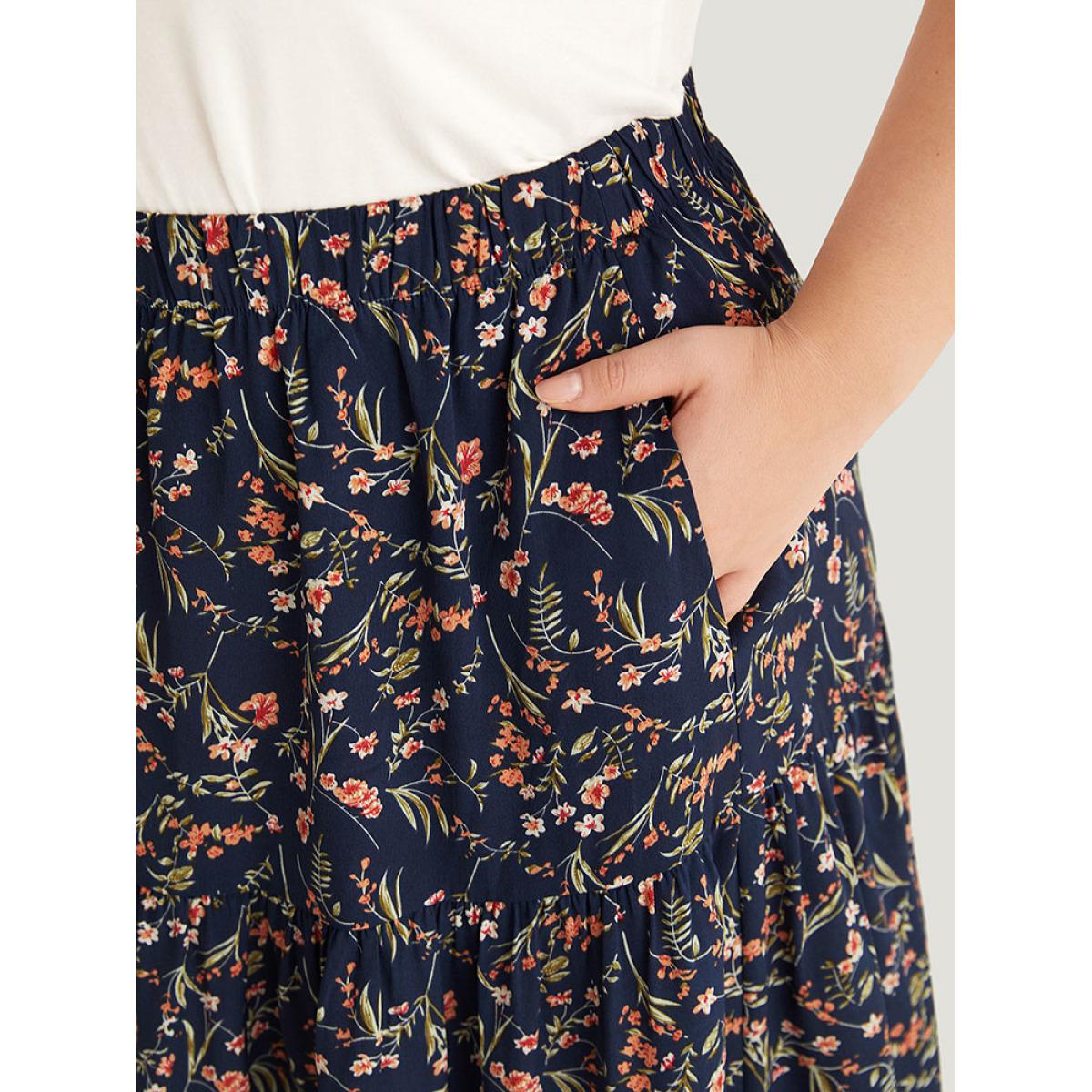 Plus Size Floral Print Ruffle Layered Hem Pocket Elastic Waist Skirt Women Indigo Elegant Elastic Waist No stretch Pocket Dailywear Skirts BloomChic 22-24/3X Product Image