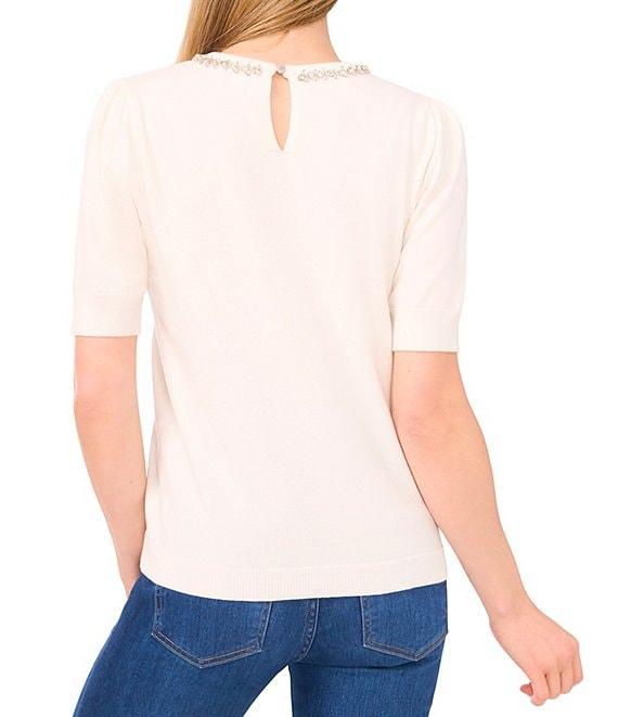 CeCe Knit Round Neck Short Sleeve Embellished Top Product Image