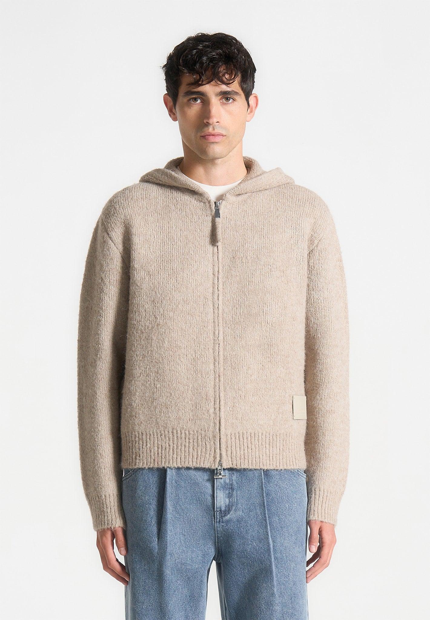 Mohair-Blend Zip Through Hoodie - Beige Male Product Image