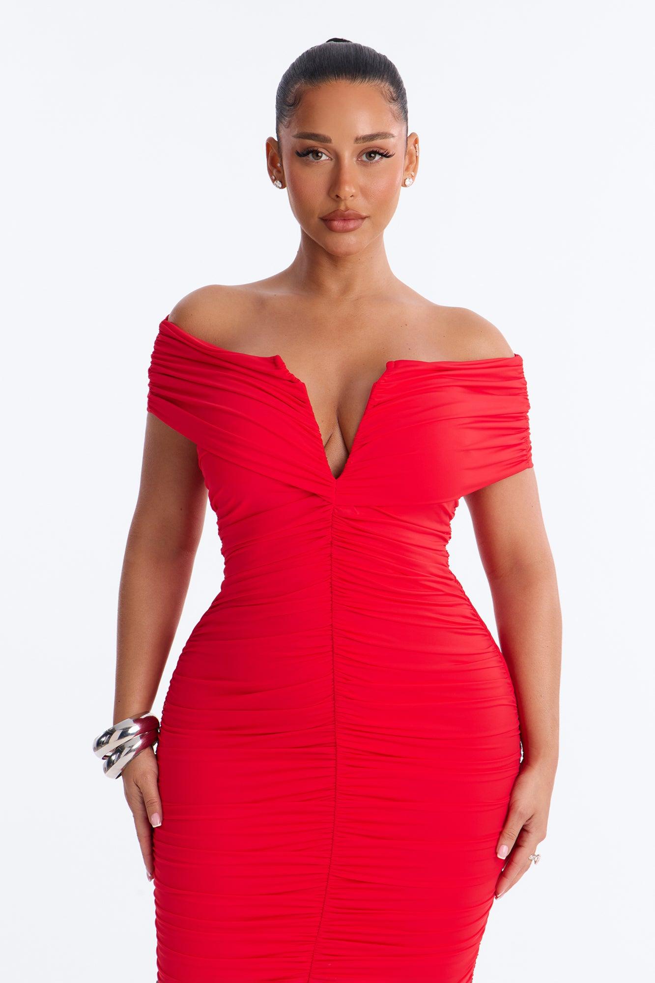 Thea Ruched Off Shoulder Midi Dress - Red Female Product Image