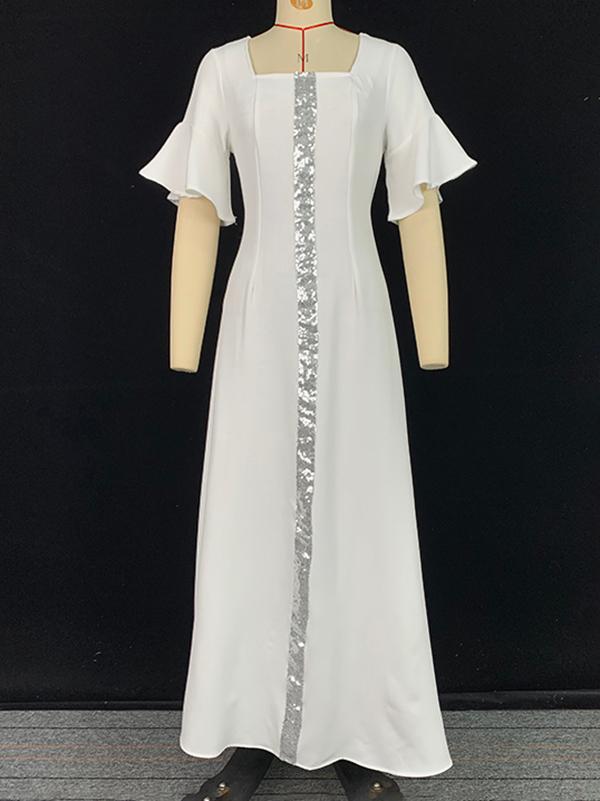 A-Line Flared Sleeves Shiny Solid Color Split-Joint Square-Neck Maxi Dresses Product Image