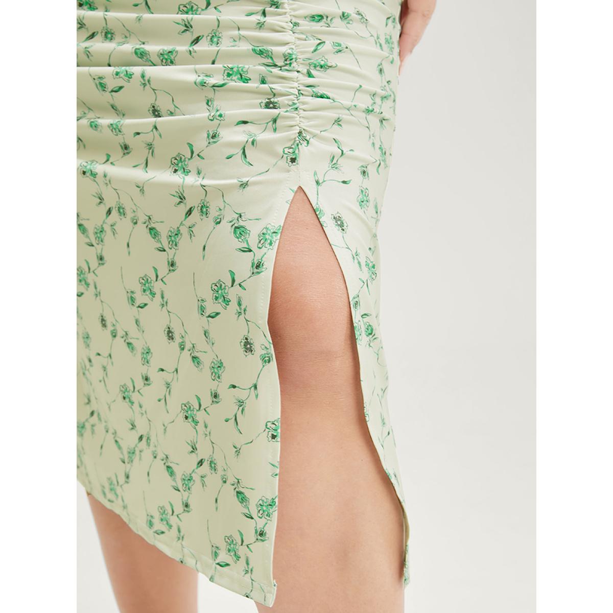 Plus Size Floral Printed Split Hem Cap Sleeve Ruched Dress Mint Women Glamour Slit V-neck Cap Sleeve Curvy Midi Dress BloomChic 26/4X Product Image