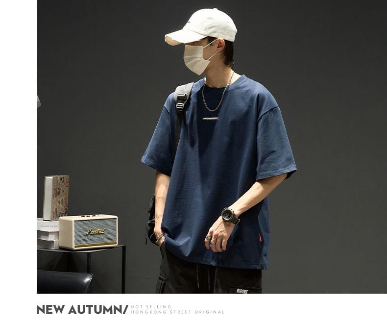 Short-Sleeve Round Neck Lettering Embroidered T-Shirt Product Image