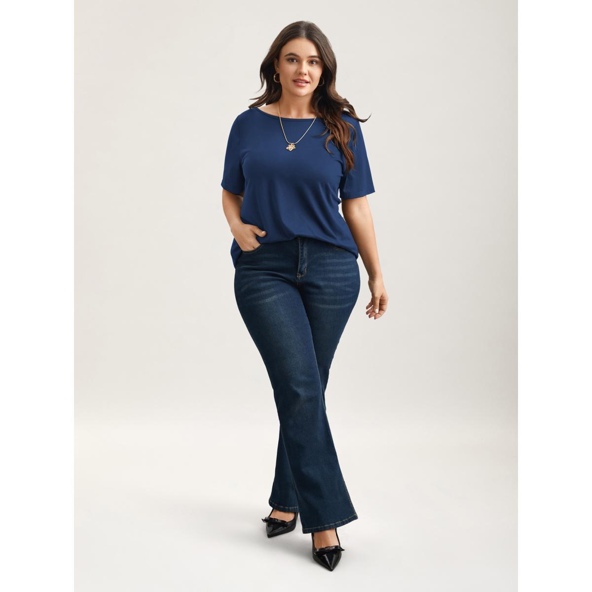 Plus Size Butterfly Back Stretchy Round Neck T-Shirt Indigo Women Leisure See through Round Neck Casual T-shirts BloomChic 12/L Product Image