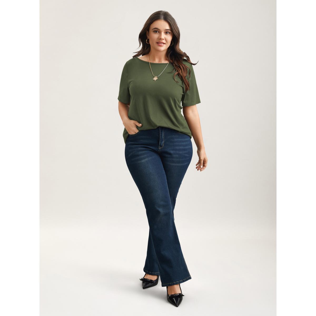 Plus Size Butterfly Back Stretchy Round Neck T-Shirt Indigo Women Leisure See through Round Neck Casual T-shirts BloomChic 12/L Product Image