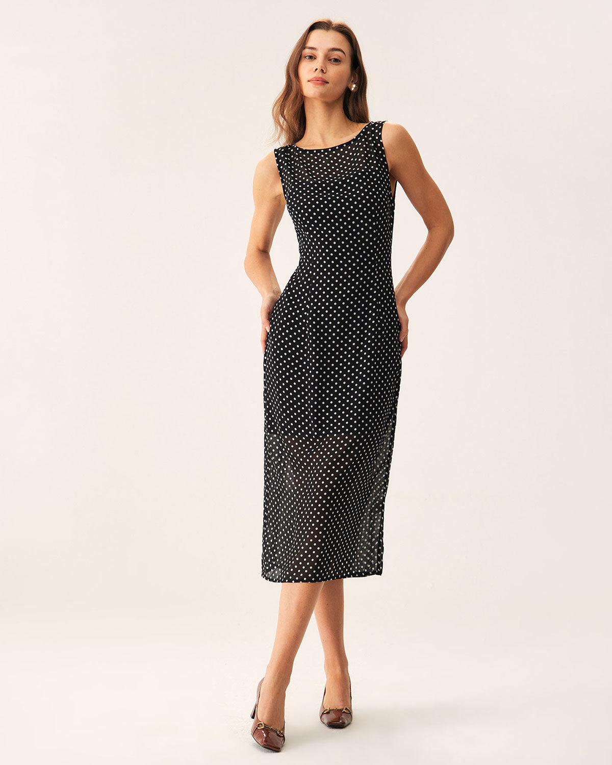 Black Polka Dot Boat Neck Midi Dress Product Image