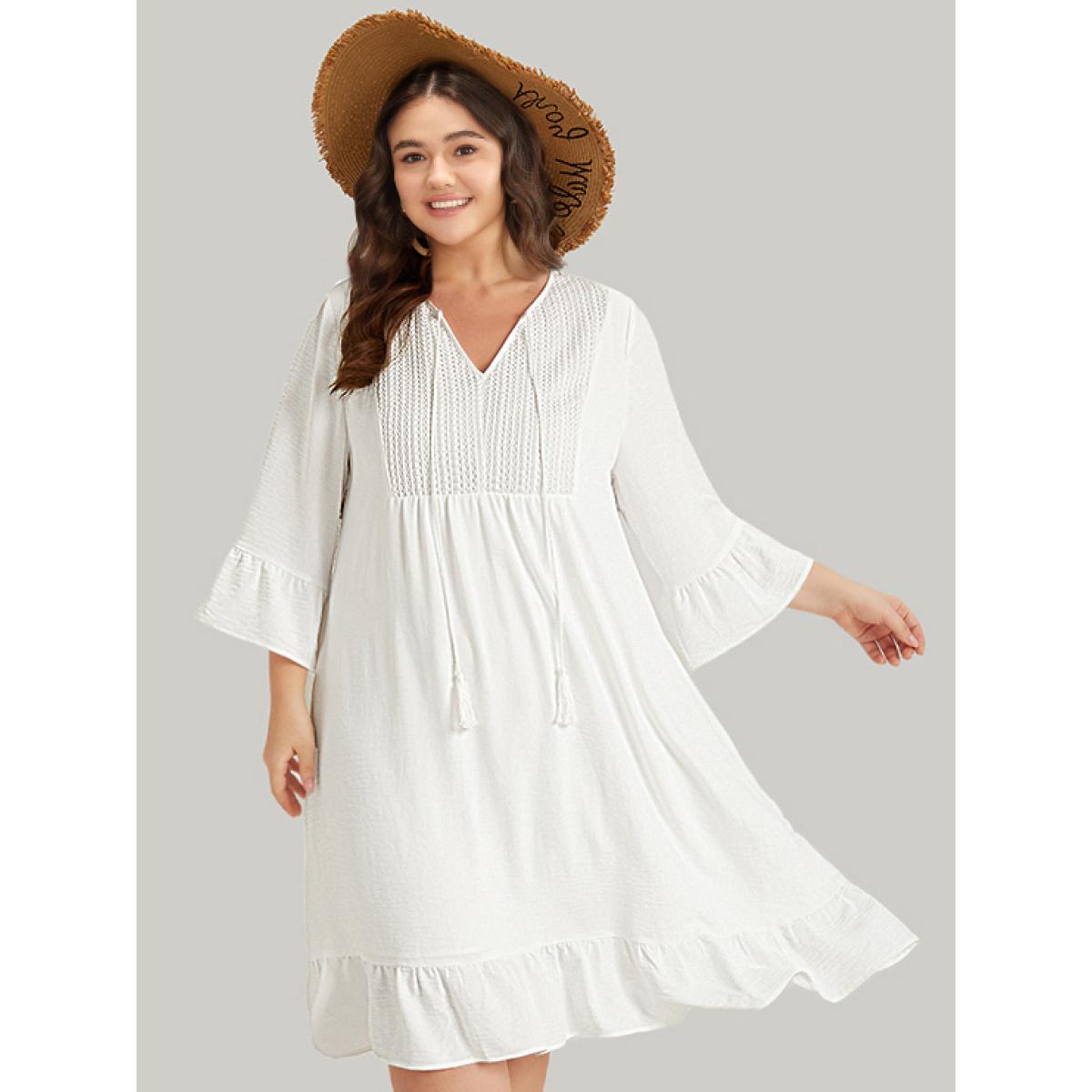 Plus Size Solid Pocket Ties Tassels Bell Sleeve Dress White Women Vacation Texture V-neck Elbow-length sleeve Curvy Midi Dress BloomChic 26/4X Product Image