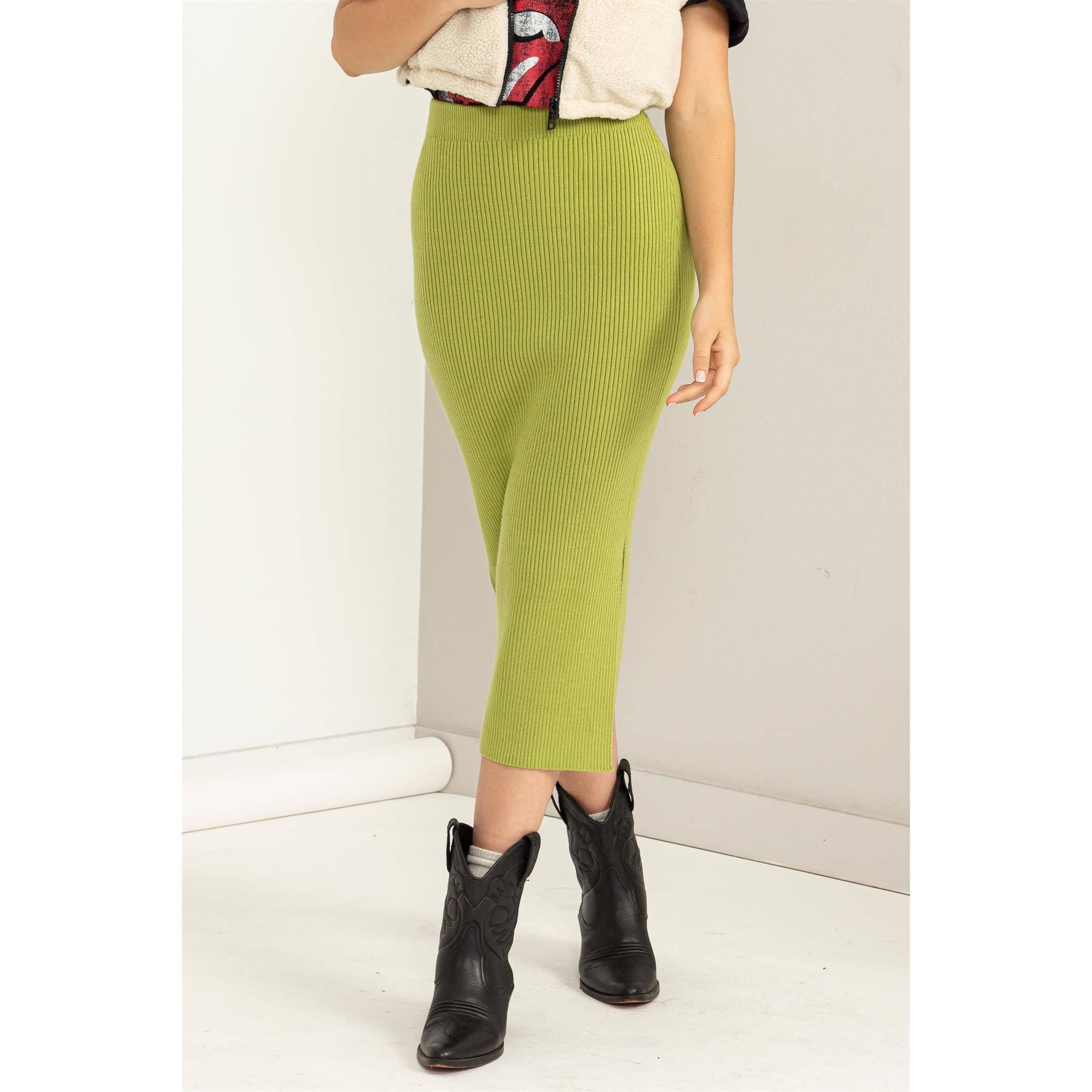 Pale Olive High-waist Ribbed Midi Skirt Product Image