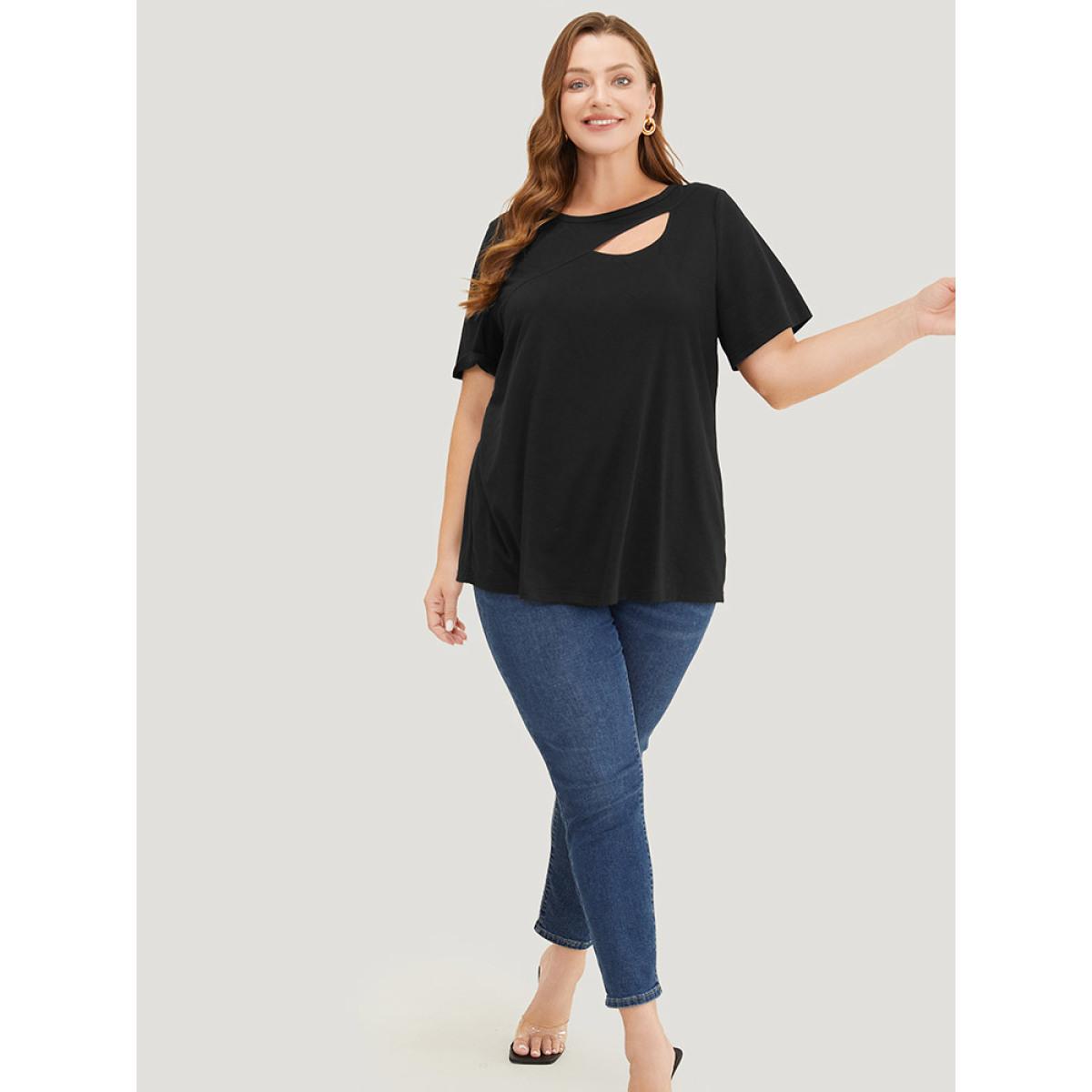 Plus Size Solid Cut Out Crew Neck T-shirt Black Women Elegant Cut-Out Plain Round Neck Dailywear T-shirts BloomChic 18-20/2X Product Image