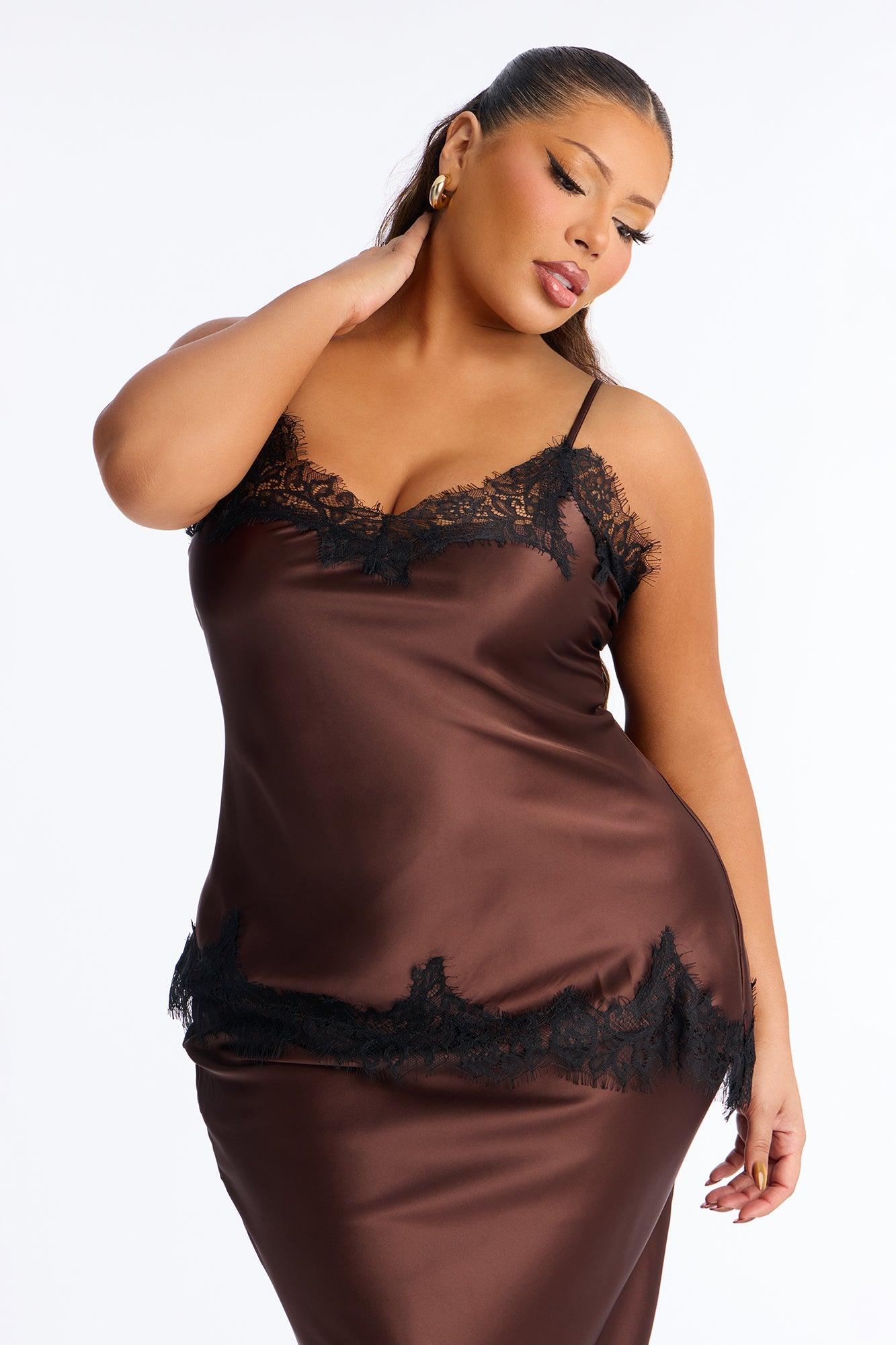 Feel The Allure Satin & Lace Midi Skirt Set - Chocolate Female Product Image