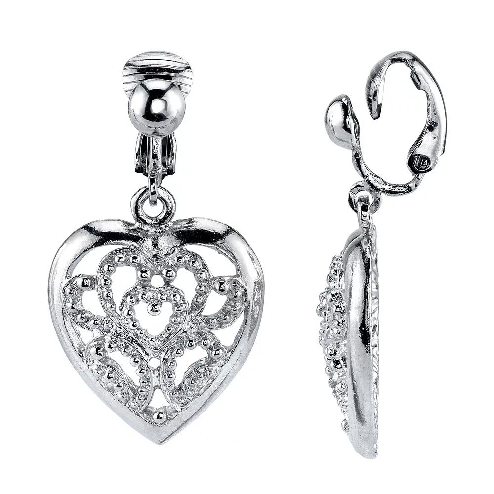 1928 Filigree Heart Clip-On Drop Earrings, Womens, Silver Tone Product Image