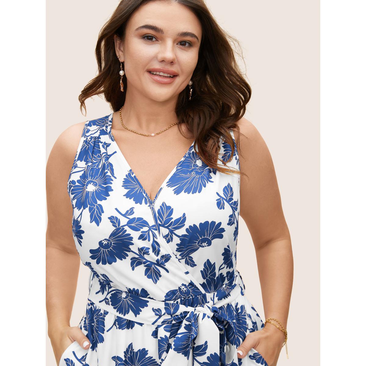 Plus Size Overlap Collar Floral Sleeveless Belted Dress DarkBlue Women Elegant Belted Overlap Collar Sleeveless Curvy BloomChic 12/L Product Image