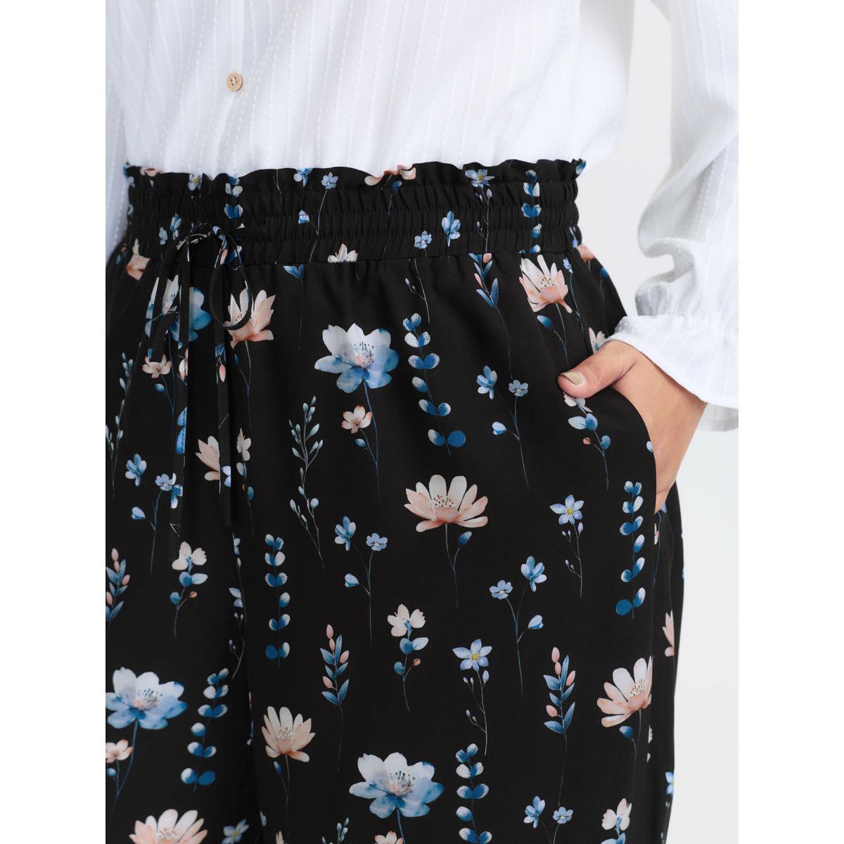 Plus Size Floral Print Drawstring Waist Loose Fit Pants Women BlackFlower Leisure Straight Leg Mid Rise Casual Pants BloomChic 18-20/2X Product Image