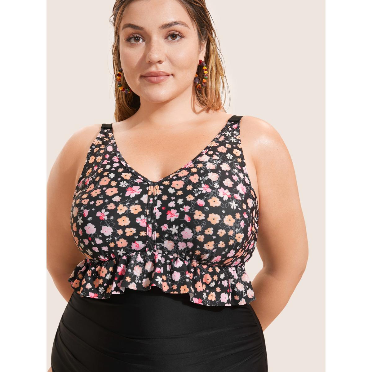 Plus Size Ditsy Floral Patchwork Ruffle Trim One Piece Swimsuit Women's Swimwear Black Beach Gathered Curve Bathing Suits High stretch One Pieces BloomChic 12/L Product Image