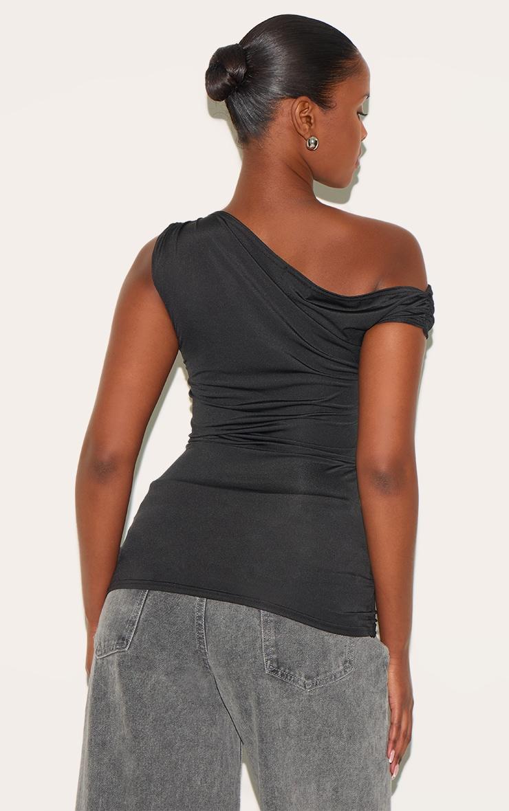 Black Slinky Asymmetric Ruched Detail Long Top Product Image