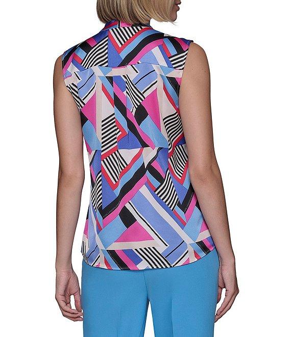 KARL LAGERFELD PARIS Geometric Printed Satin Crepe De Chine Tie-Neck Sleeveless Blouse Product Image