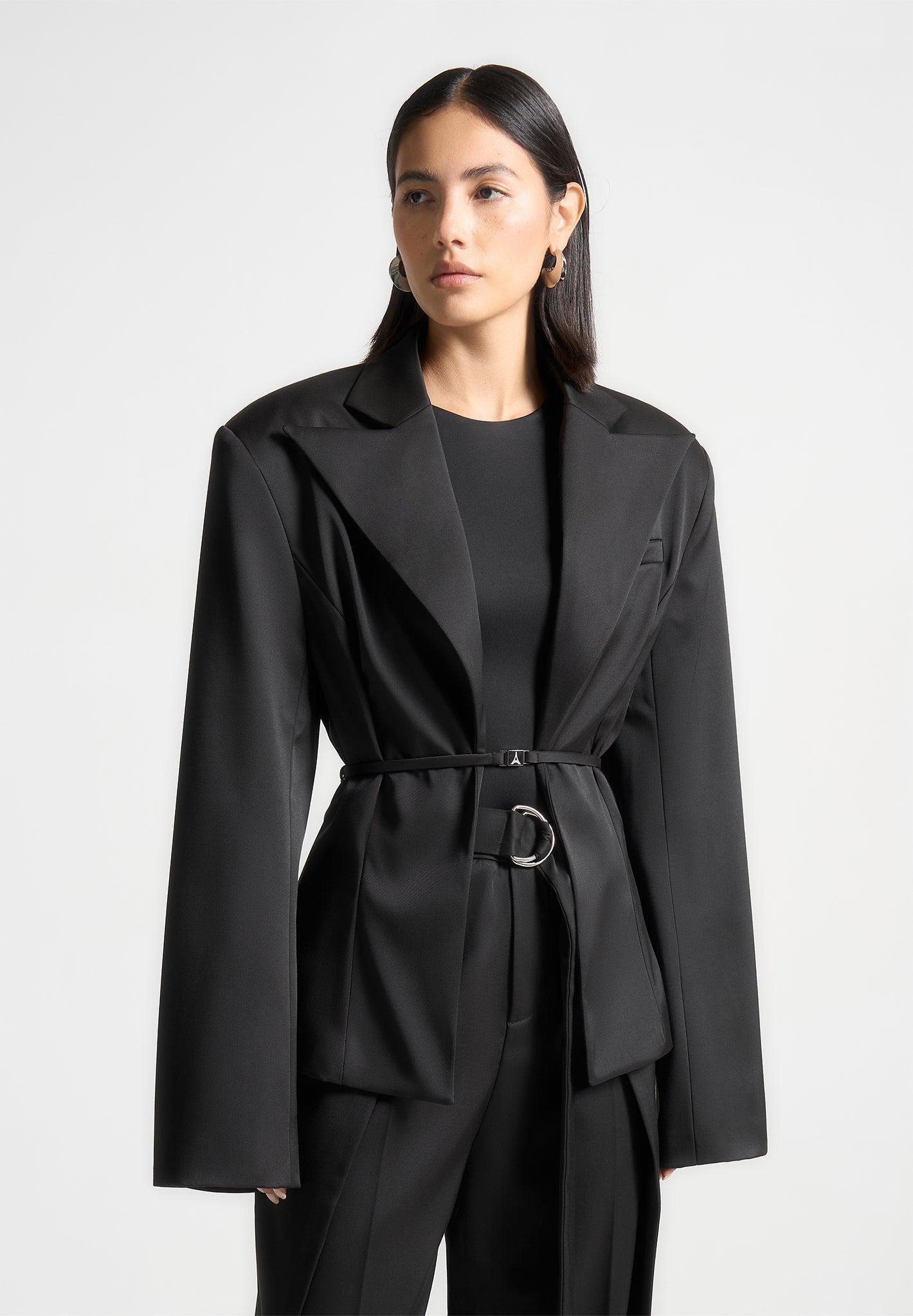 Wide Shoulder Sateen Blazer with Twin Belt - Black Female Product Image