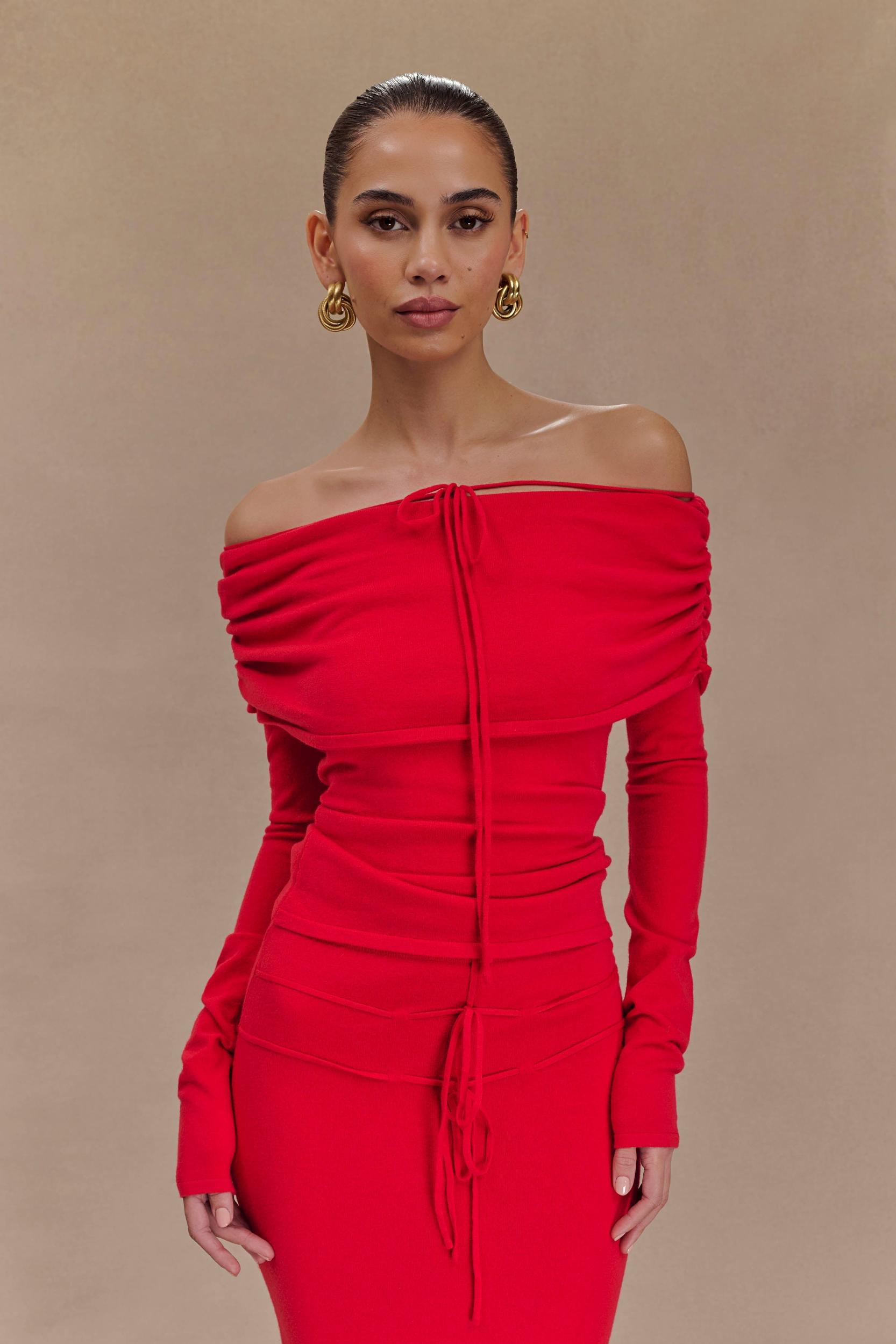 Polly Off Shoulder Long Sleeve Knit Top - Red Product Image