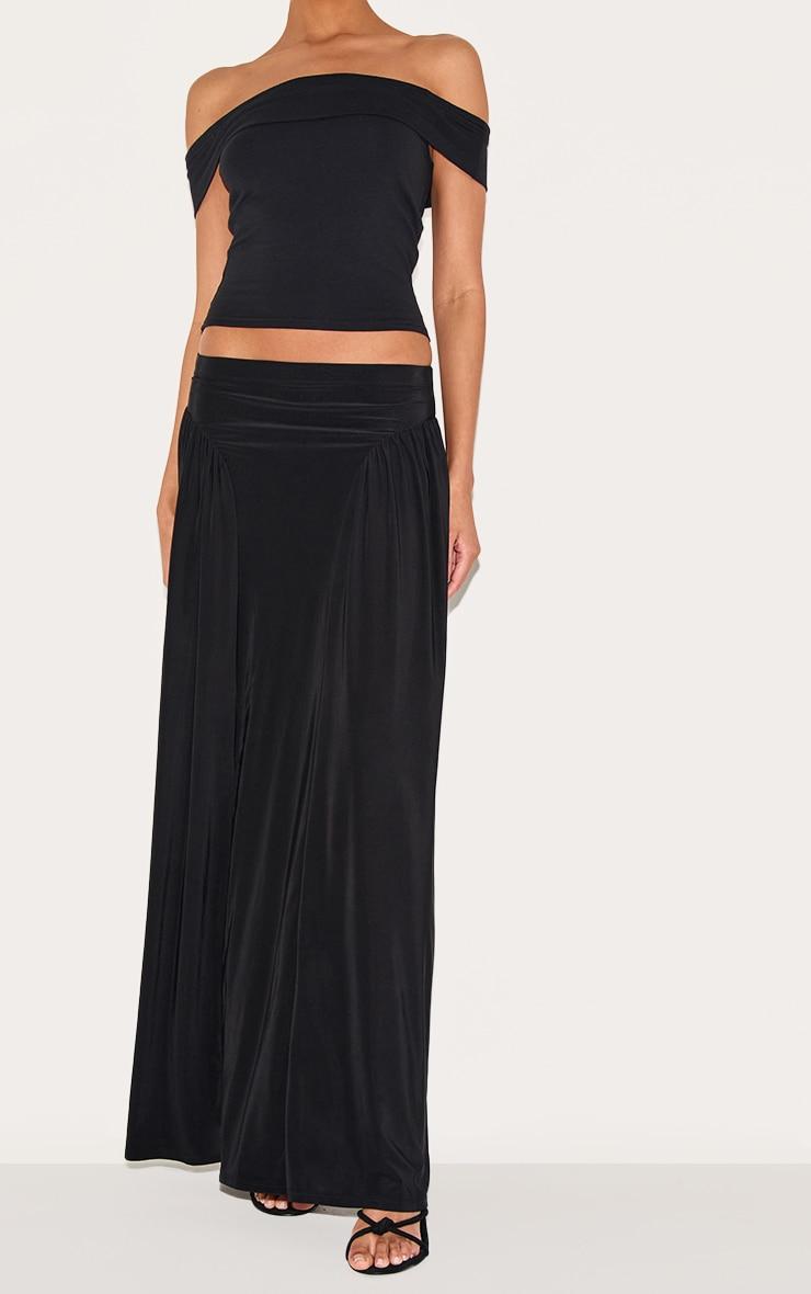 Black Slinky Drop Waist Ruched Panel Maxi Skirt Product Image