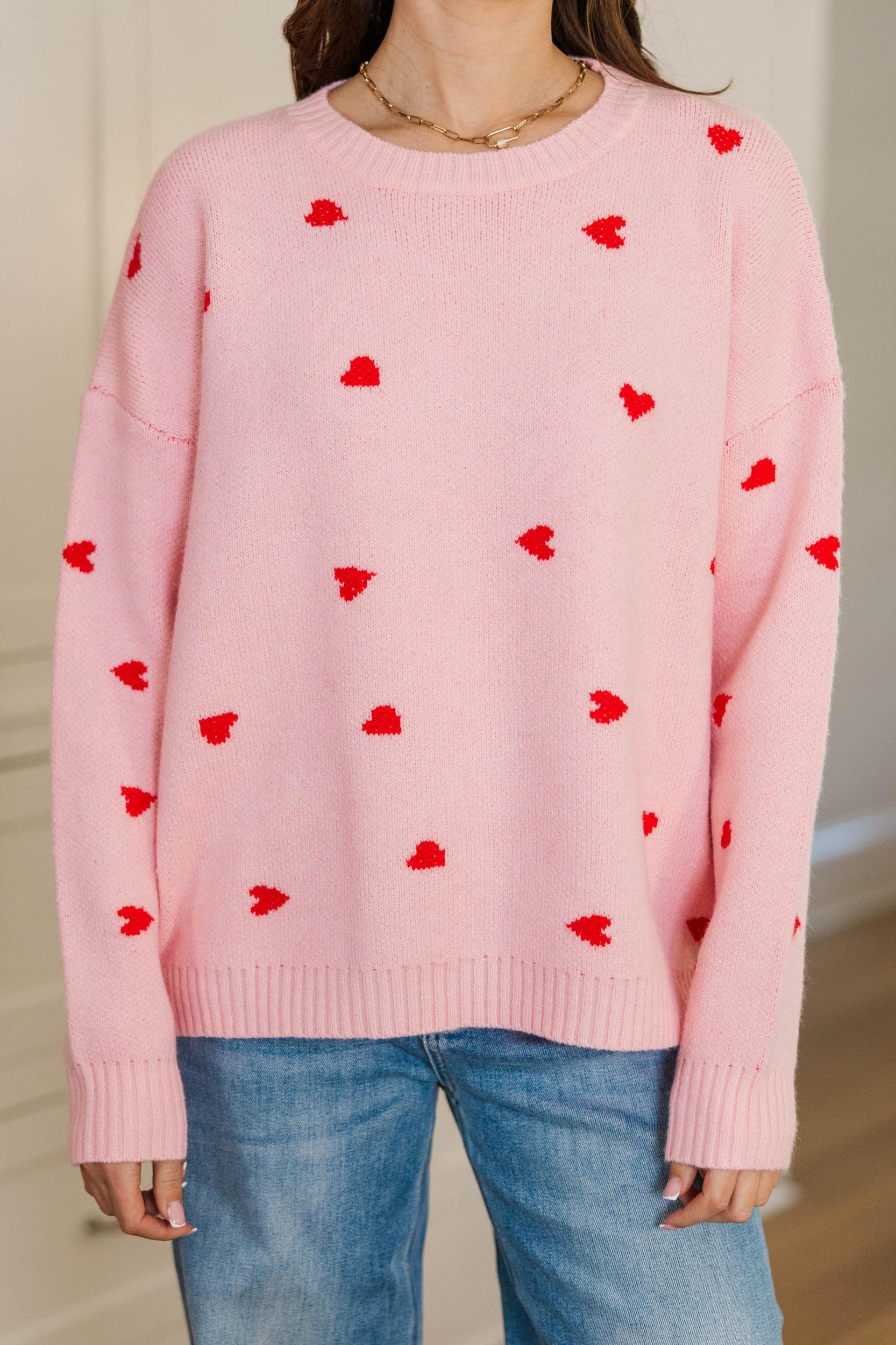 The Cherished Pink Heart Stitched Sweater Female Product Image