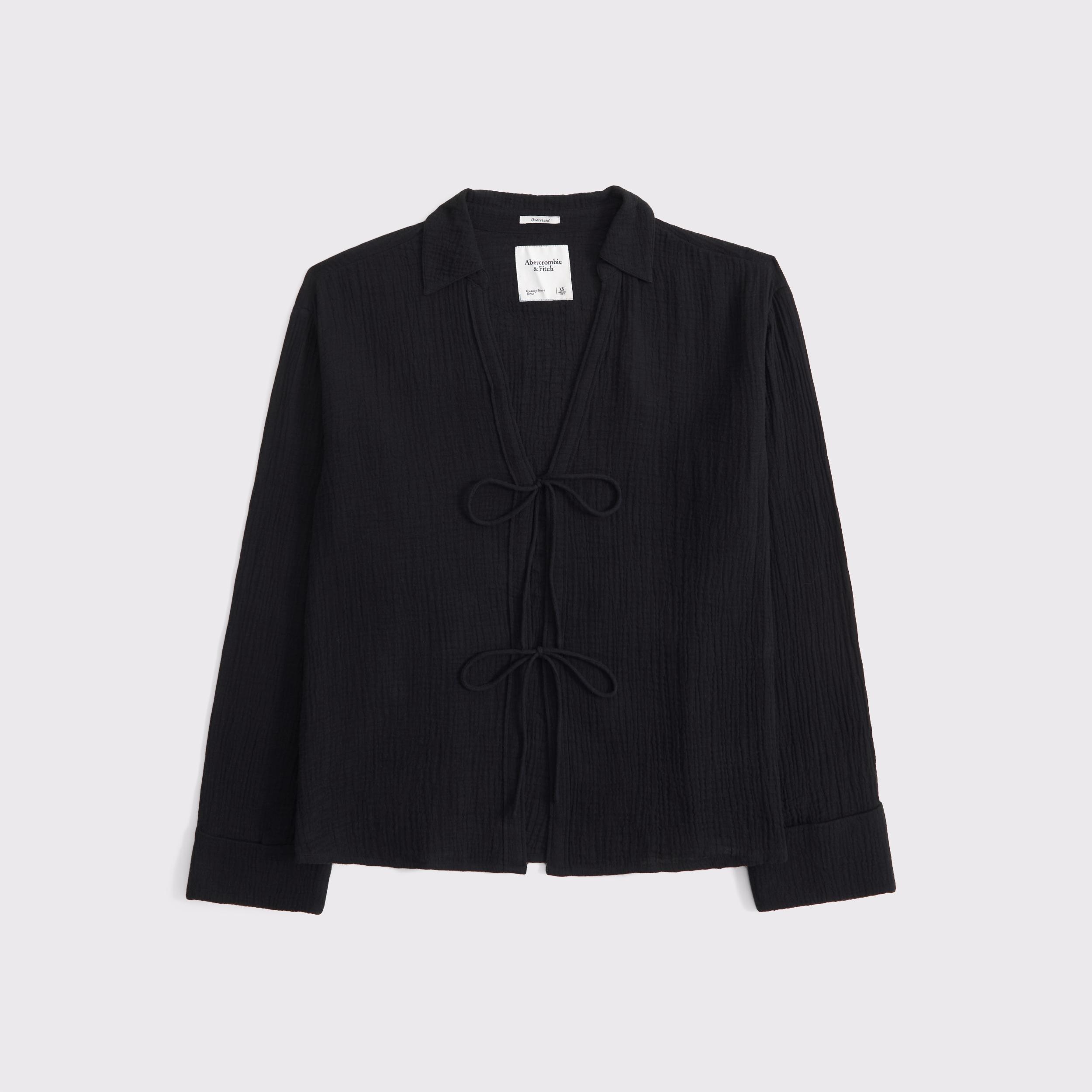 Long-Sleeve Oversized Tie-Front Gauzy Shirt Product Image