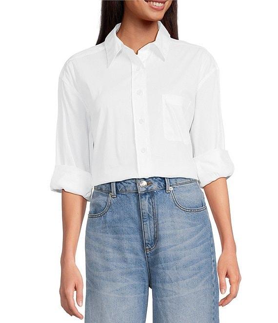 Gianni Bini Prep Cotton Blend Point Collar Long Sleeve Button Front Blouse Product Image