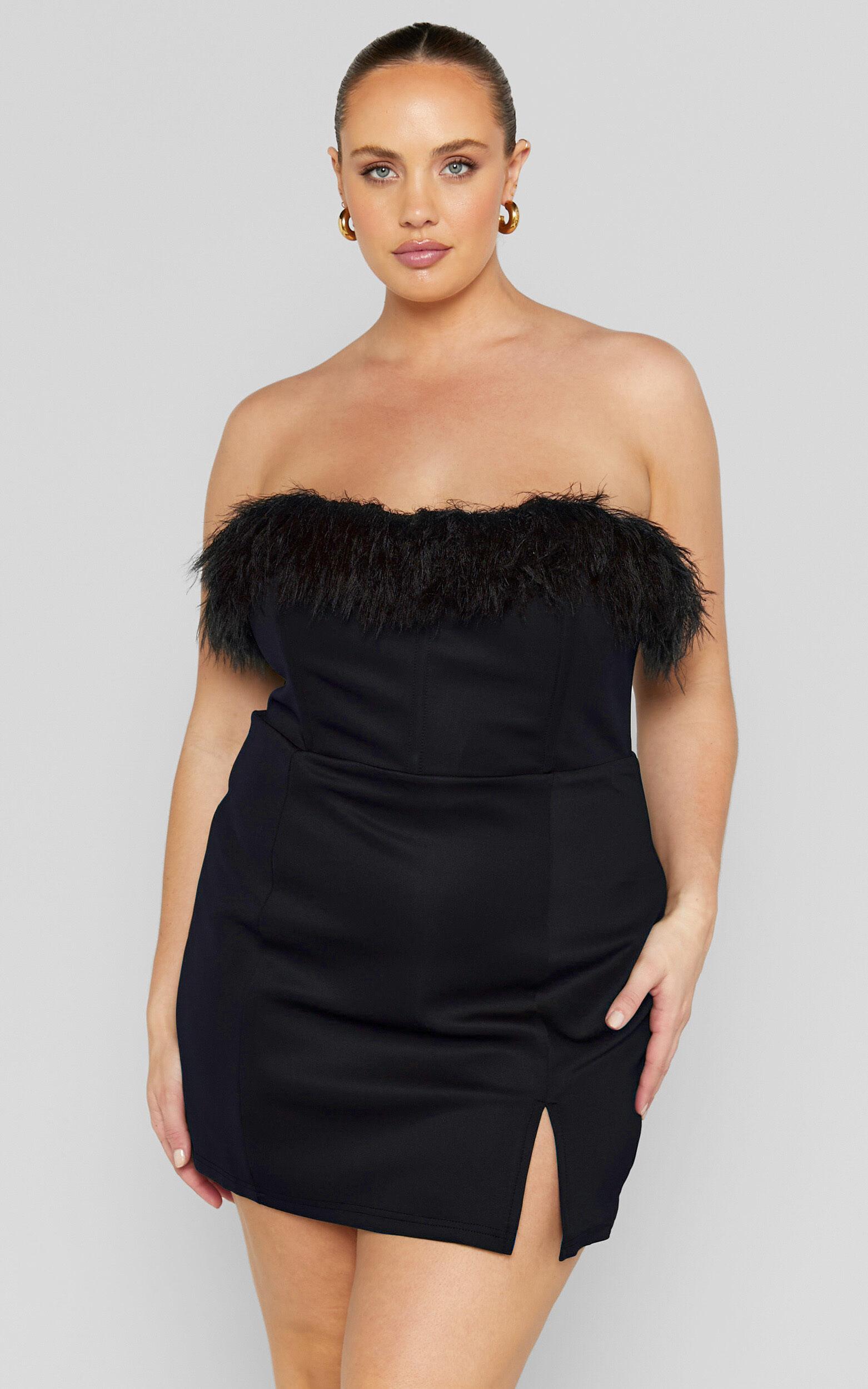 Rhaiza Mini Dress - Faux Feather Trim Strapless Dress in Black Product Image
