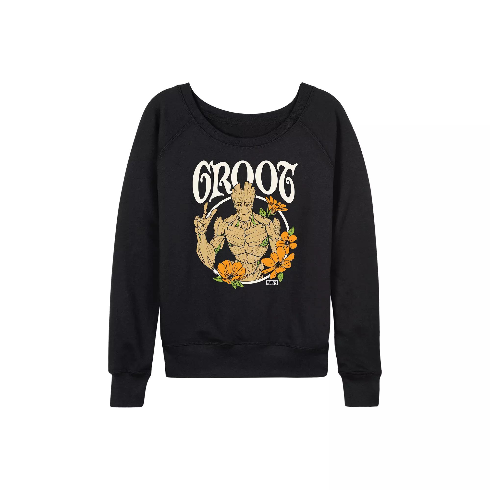 Women's Marvel Guardians of the Galaxy Groot Peace Flowers French Terry Long Sleeve Tee,  Product Image