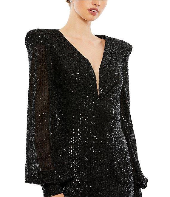 Mac Duggal Deep V-Neck Bishop Sleeve Sequined Gown Product Image