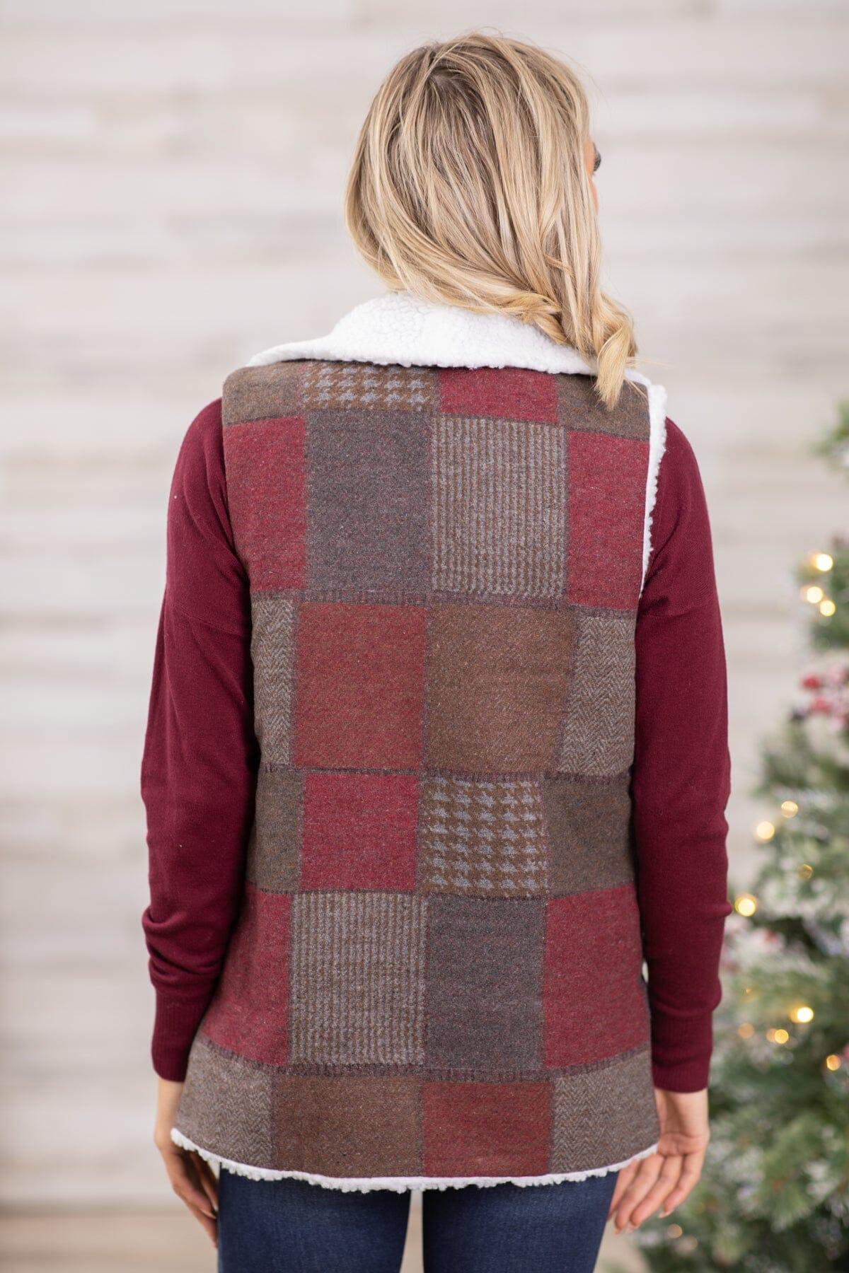 Burgundy and Brown Plaid Sherpa Vest Product Image