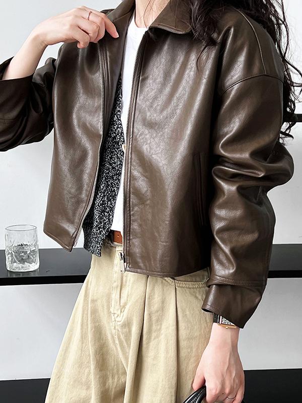 Long Sleeves Loose Solid Color Zipper Lapel Collar Jackets&Coats Outerwear Product Image