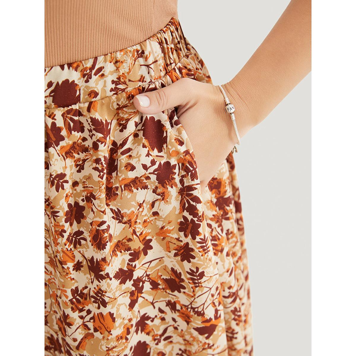 Plus Size Plant Print Pocket Elastic Waist Ruffle Hem Skirt Women Rust Elegant No stretch Pocket Dailywear Skirts BloomChic 22-24/3X Product Image