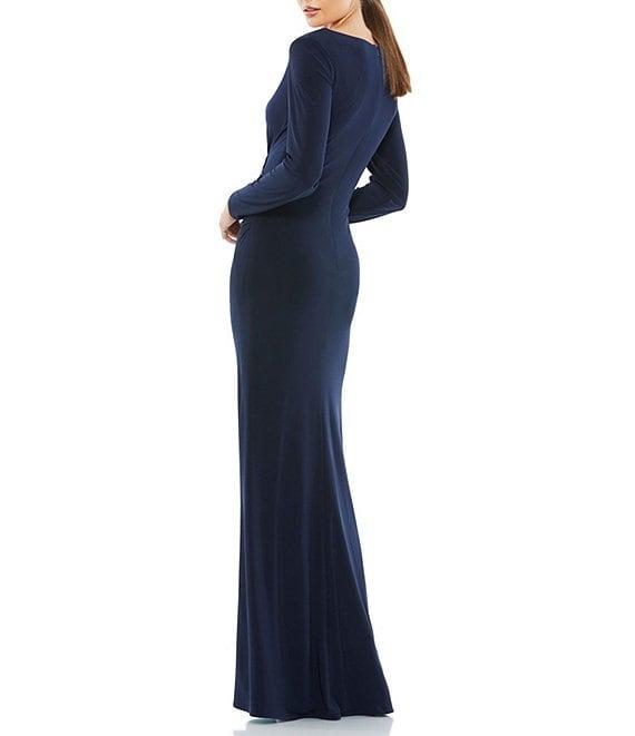 Mac Duggal Long Sleeve Surplice V-Neck Column Faux Wrap Gown Product Image