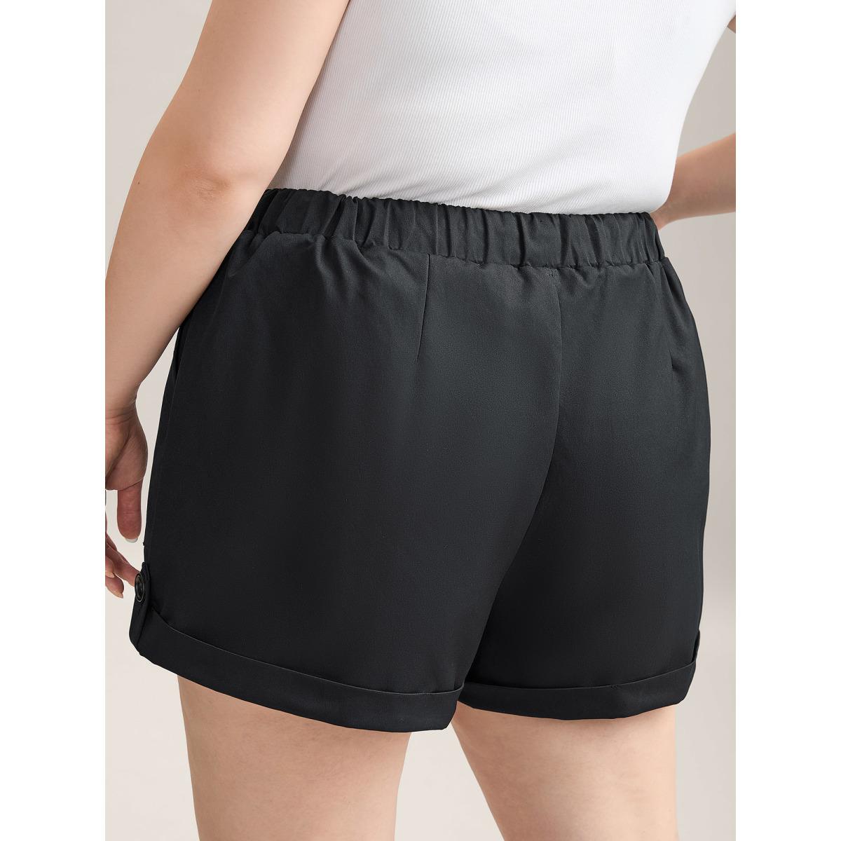 Plus Size Rolled Hem Straight-Leg Drawstring Shorts Women Black Casual Roll Hem Straight Leg Casual Shorts BloomChic 10/M Product Image