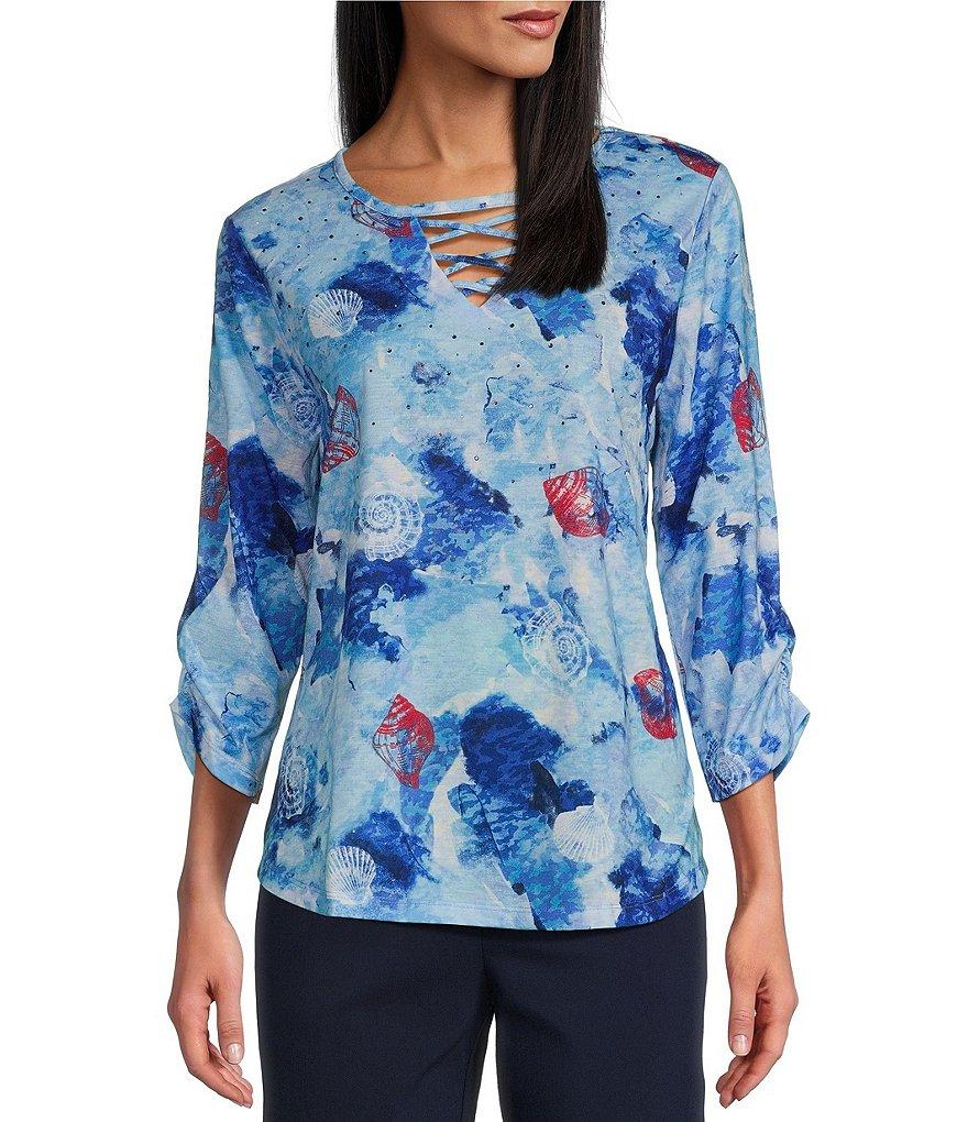 Allison Daley Petite Size Shell Melange Print 3/4 Sleeve Crew Neckline Knit Top Product Image