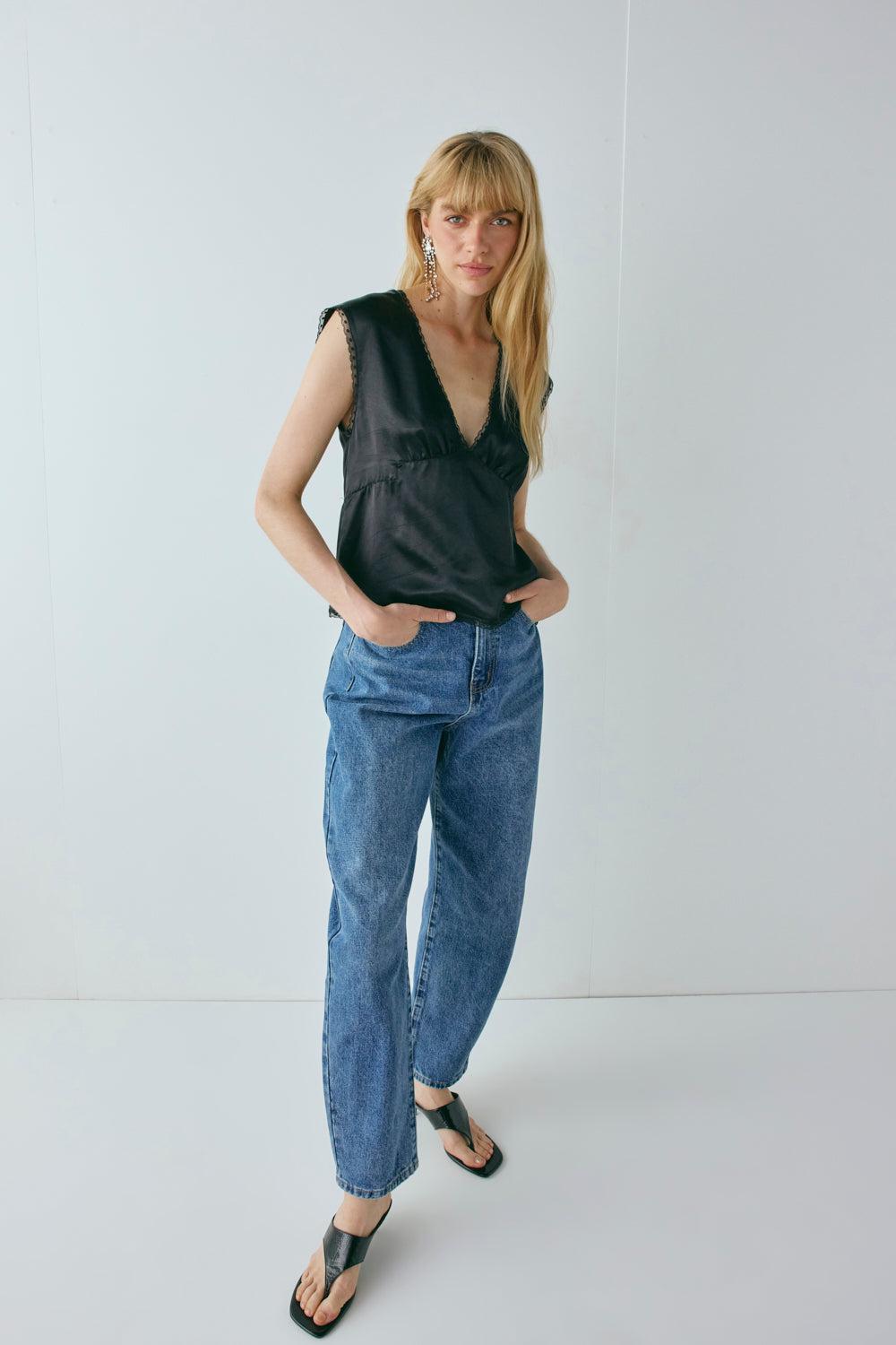 Flores Satin Top Black Product Image